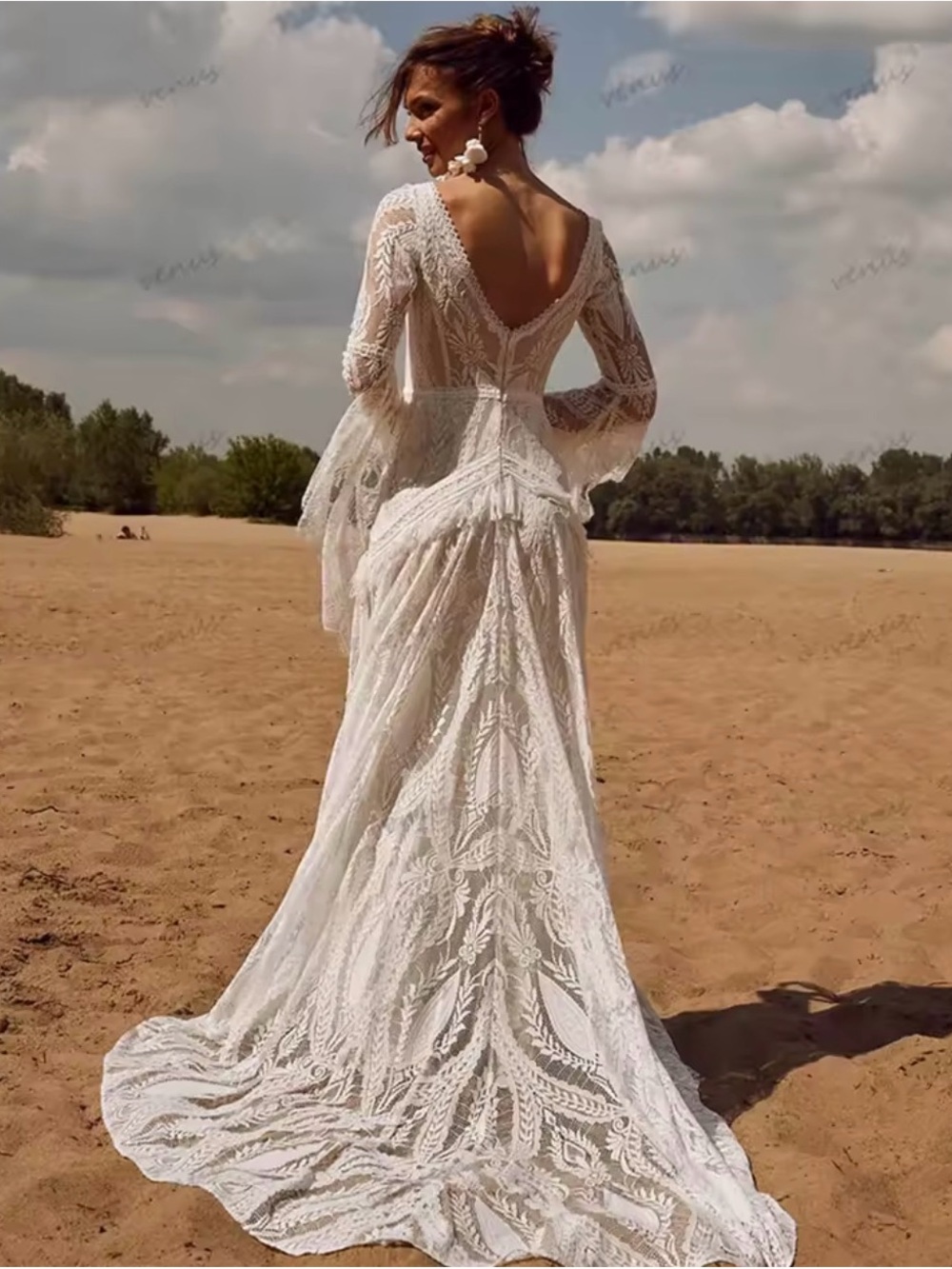 Elegant boho White Lace Wedding Dress with Deep V Back